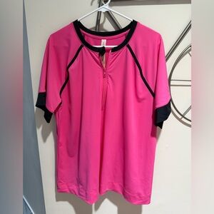 Cacique Hot Pink Short Sleeve Zip Front Swim Top with Black Trim Size 22/24 NWT